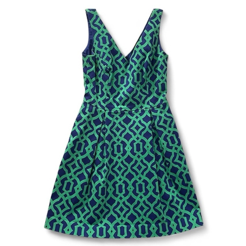 Alice & Trixie Geometric Print‎ V Neck Fit Flare Dress Navy Green XS *READ*